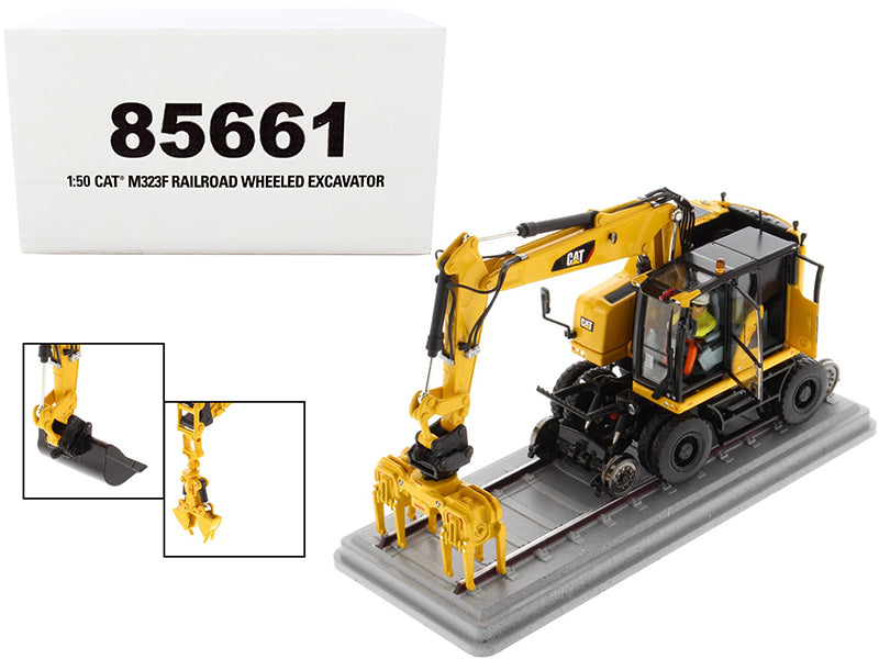CAT Caterpillar M323F Railroad Wheeled Excavator with Operator and 3 Work Tools Safety Yellow Version "High Line Series" 1/50 Diecast Model by Diecast Masters  free shipping USA