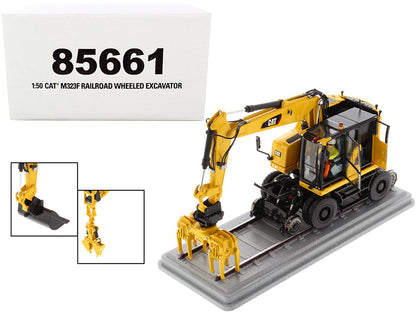 CAT Caterpillar M323F Railroad Wheeled Excavator with Operator and 3 Work Tools Safety Yellow Version "High Line Series" 1/50 Diecast Model by Diecast Masters  free shipping USA