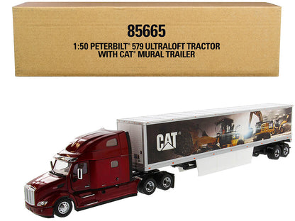 Peterbilt 579 UltraLoft Truck Tractor Red with "CAT Caterpillar" Mural Dry Van Trailer "Transport Series" 1/50 Diecast Model by Diecast Masters  free shipping USA