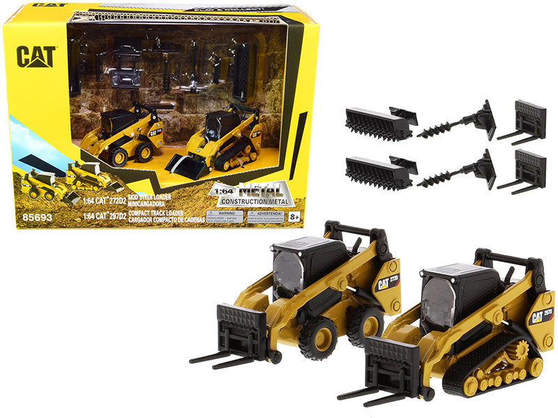 Set of 2 pieces CAT Caterpillar 272D2 Skid Steer Loader and CAT Caterpillar 297D2 Compact Track Loader with Accessories 1/64 Diecast Models by Diecast Masters  free shipping USA