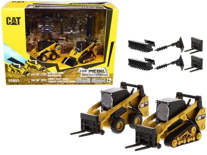 Set of 2 pieces CAT Caterpillar 272D2 Skid Steer Loader and CAT Caterpillar 297D2 Compact Track Loader with Accessories 1/64 Diecast Models by Diecast Masters  free shipping USA