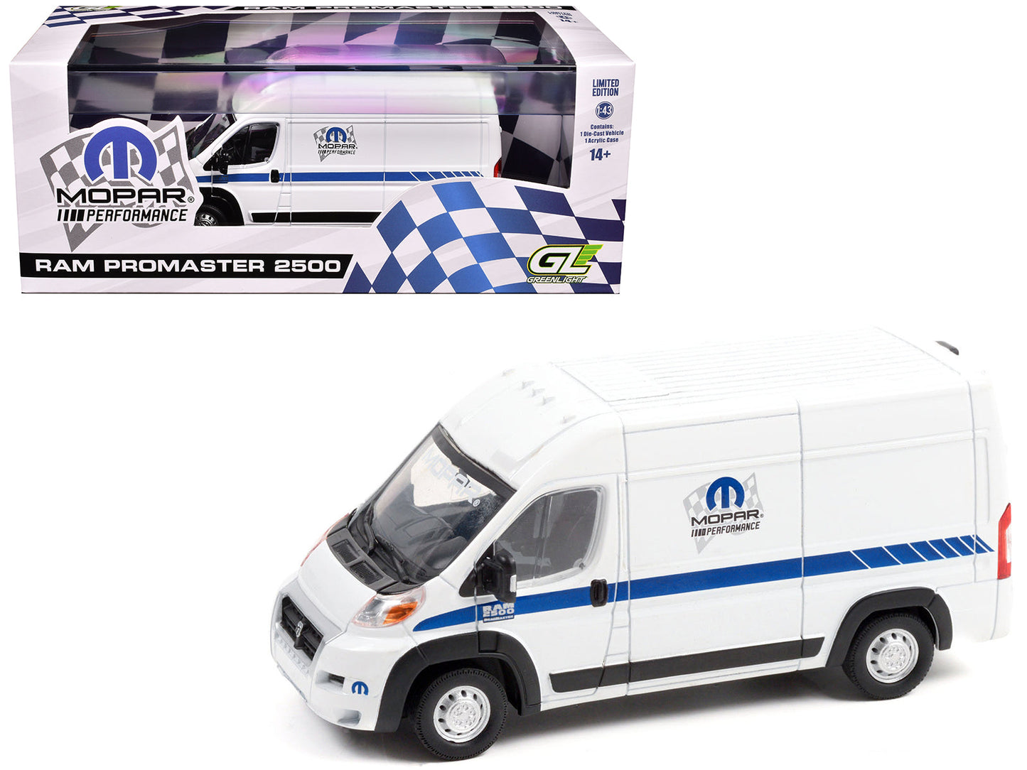 2018 RAM ProMaster 2500 Cargo High Roof Van "MOPAR Performance" White with Blue Stripes 1/43 Diecast Model Car by Greenlight  free shipping USA