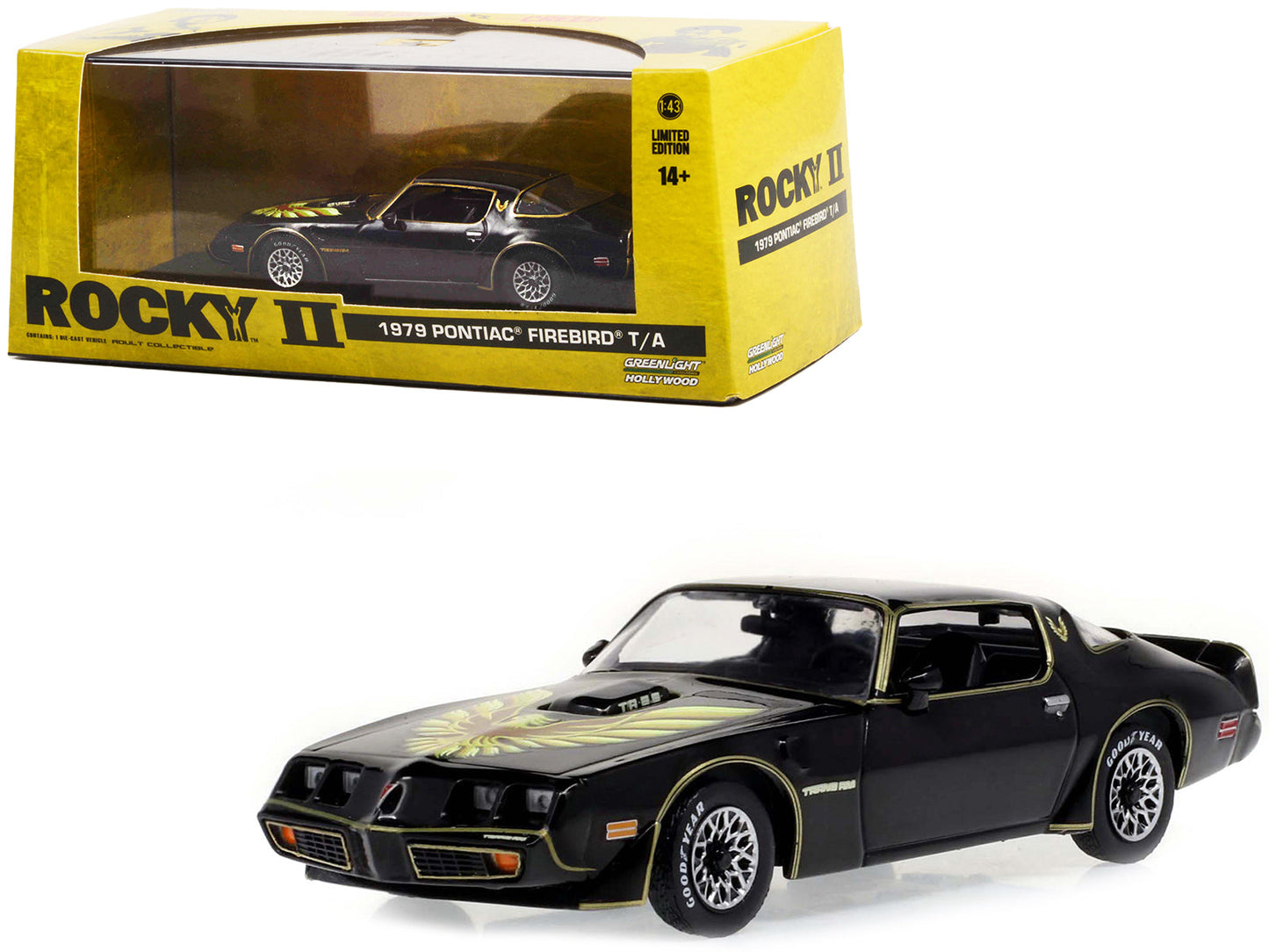 1979 Pontiac Firebird T/A Trans Am Black with Hood Phoenix "Rocky II (1979) Movie" 1/43 Diecast Model Car by Greenlight  free shipping USA