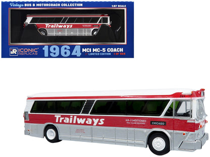 1964 MCI MC-5A Coach Bus "Trailways Chicago" White with Red Stripes "Vintage Bus & Motorcoach Collection" Limited Edition to 504 pieces Worldwide 1/87 (HO) Diecast Model by Iconic Replicas