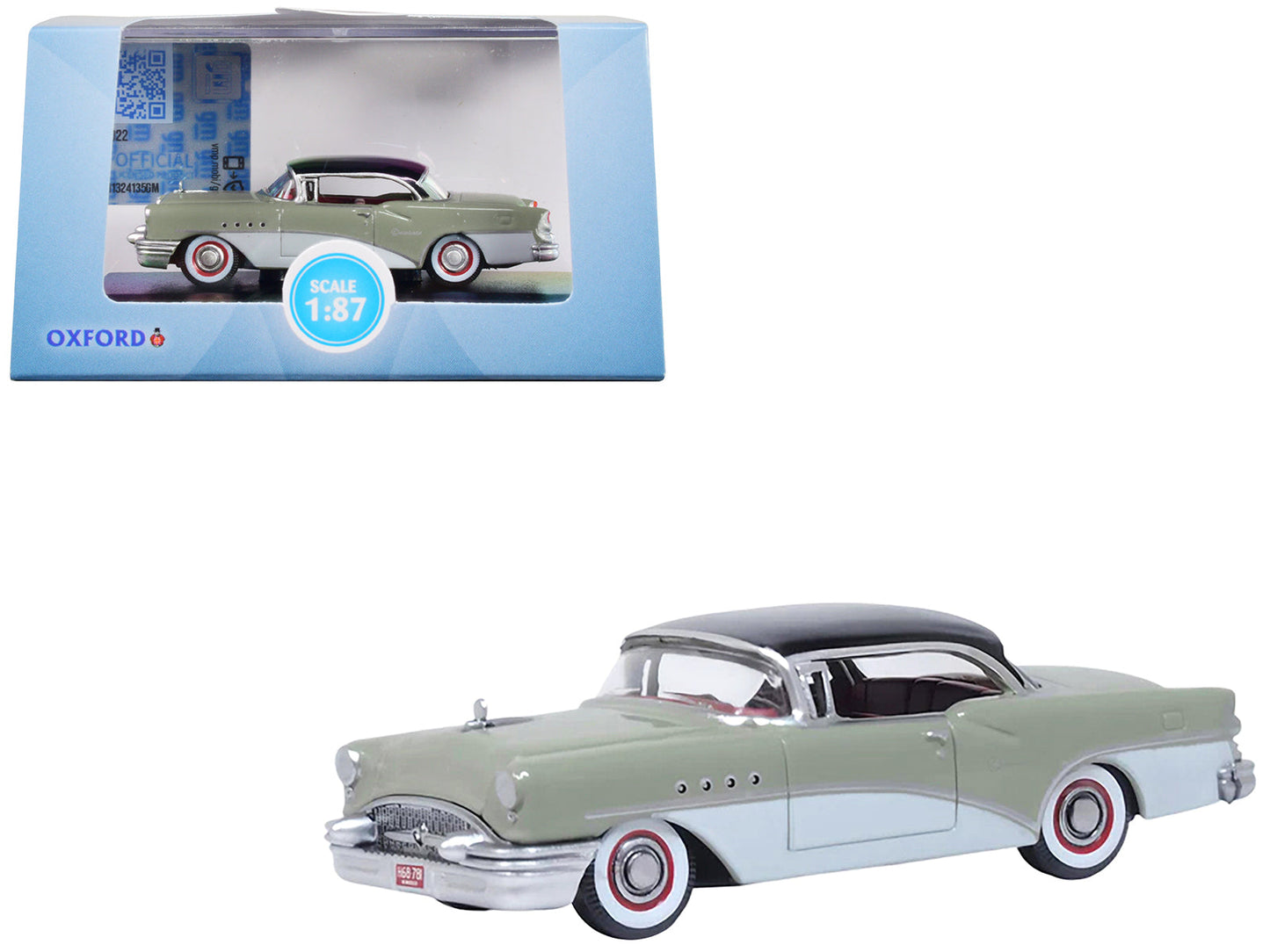 1955 Buick Century Windsor Gray and Dover White with Carlsbad Black Top 1/87 (HO) Scale Diecast Model Car by Oxford Diecast  free shipping USA