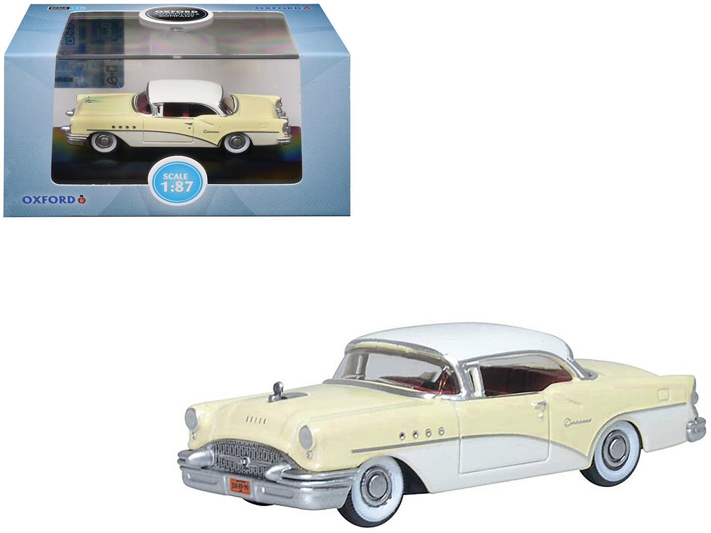 1955 Buick Century Condor Yellow and Dover White with Red Interior 1/87 (HO) Scale Diecast Model Car by Oxford Diecast  free shipping USA
