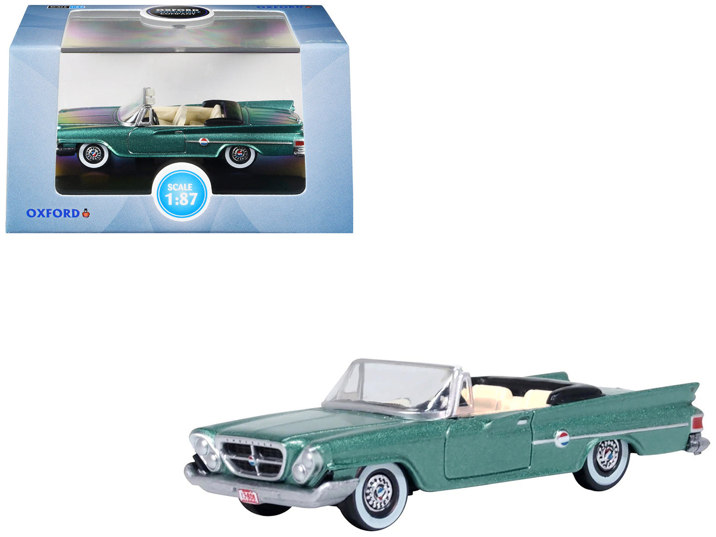 1961 Chrysler 300 Convertible Pinewood Green Metallic 1/87 (HO) Scale Diecast Model Car by Oxford Diecast  free shipping USA
