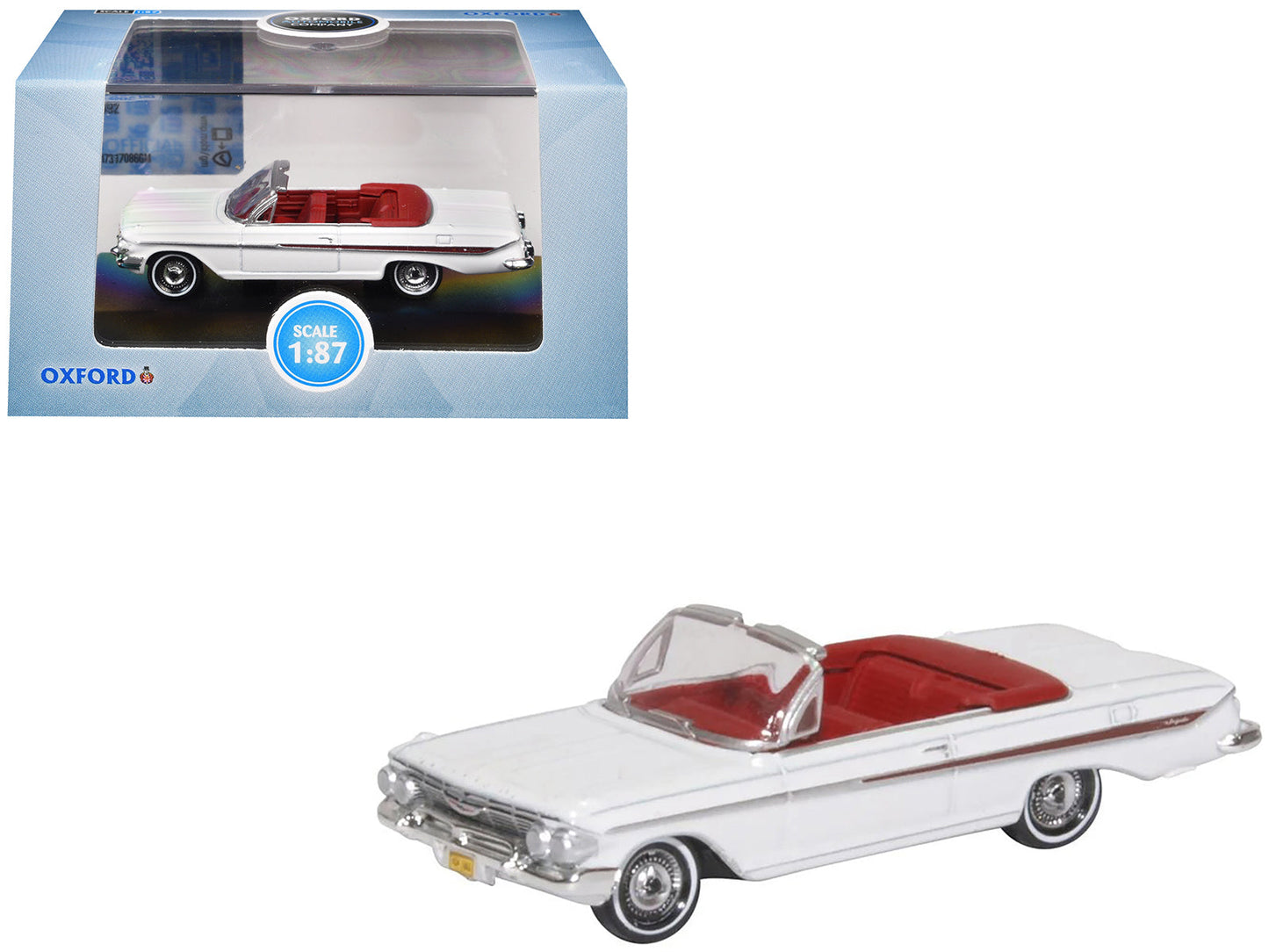 1961 Chevrolet Impala Convertible Ermine White with Roman Red Interior 1/87 (HO) Scale Diecast Model Car by Oxford Diecast  free shipping USA
