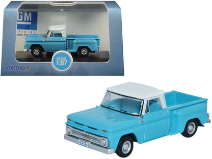 1965 Chevrolet C10 Stepside Pickup Truck Light Blue with White Top 1/87 (HO) Scale Diecast Model Car by Oxford Diecast  free shipping USA