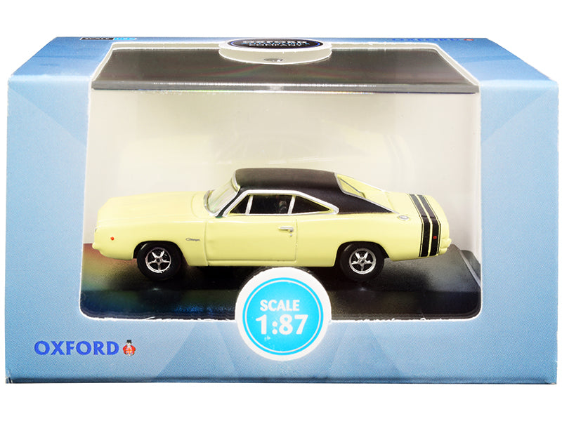 1968 Dodge Charger Light Yellow with Black Top and Black Stripes 1/87 (HO) Scale Diecast Model Car by Oxford Diecast  free shipping USA