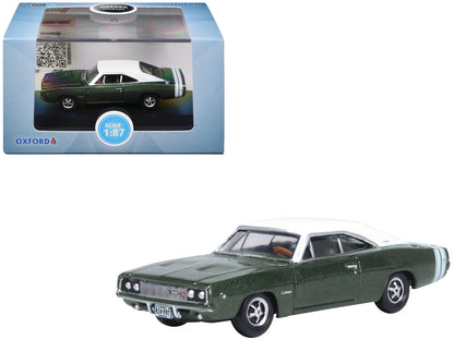 1968 Dodge Charger Racing Green Metallic with White Top and Tail Stripe 1/87 (HO) Scale Diecast Model Car by Oxford Diecast  free shipping USA