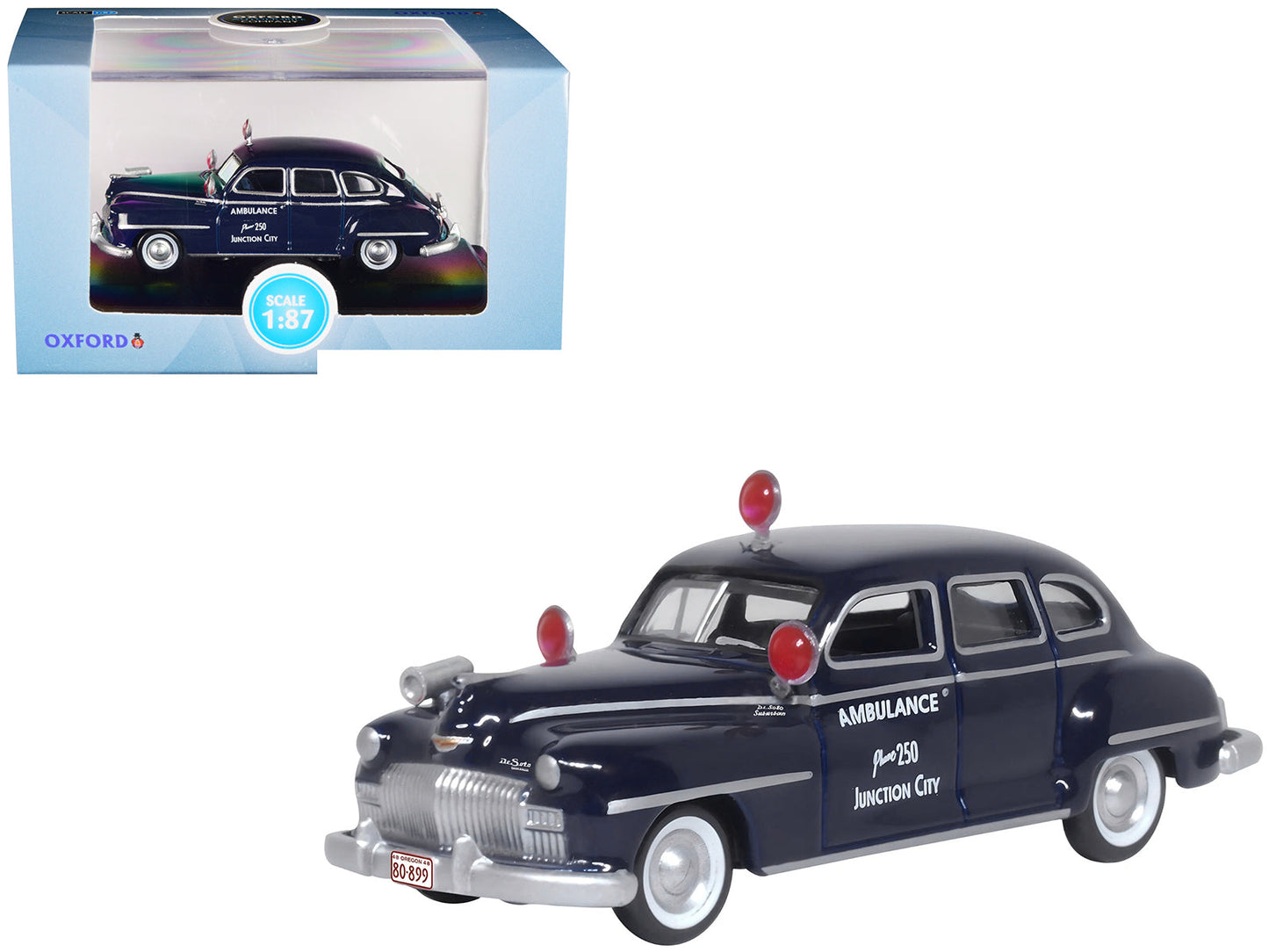 1946 DeSoto Suburban Ambulance Dark Blue "Junction City Ambulance" 1/87 (HO) Scale Diecast Model Car by Oxford Diecast  free shipping USA