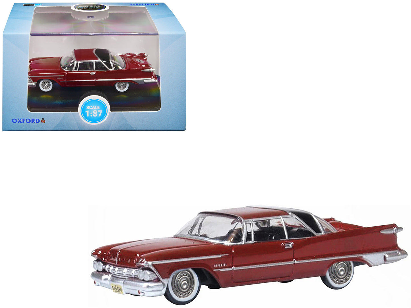1959 Chrysler Imperial Crown 2 Door Hardtop Radiant Red with Black Top 1/87 (HO) Scale Diecast Model Car by Oxford Diecast  free shipping USA
