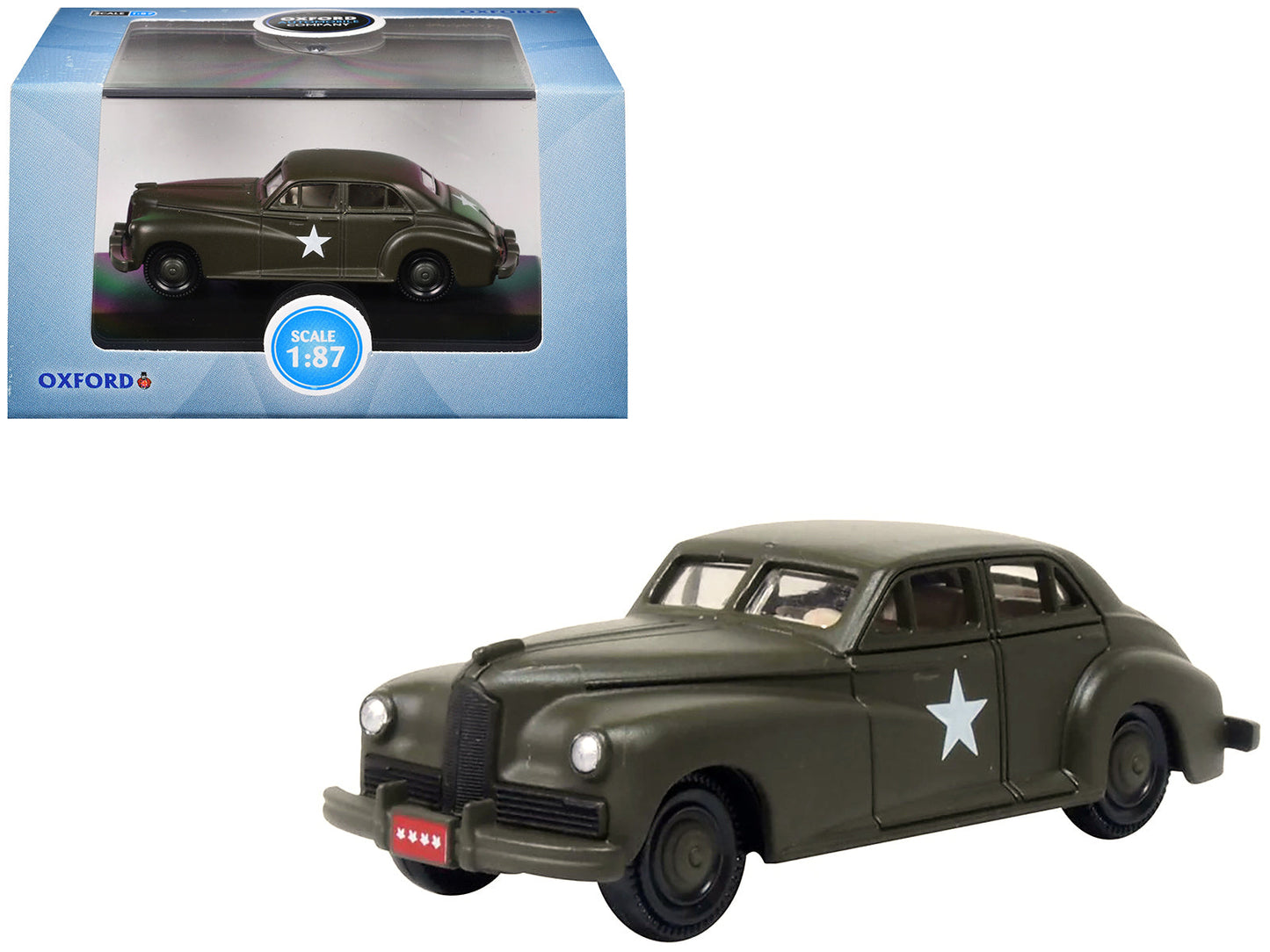 1942 Packard Clipper Touring Sedan "US Army Staff Car" Olive Drab 1/87 (HO) Scale Diecast Model Car by Oxford Diecast  free shipping USA