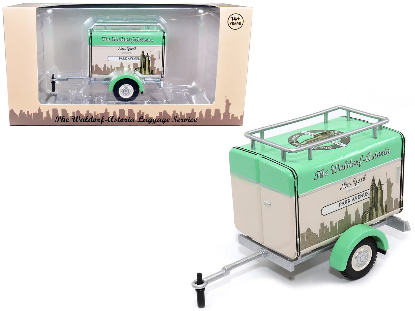 Travel Trailer Beige with Light Green Top "The Waldorf-Astoria Luggage Service New York - Park Avenue" 1/24 Diecast Model Car by Motor City Classics  free shipping USA