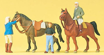 Preiser 10503 HO Rider Mounted on Horse, Groomer w/Horse & Trainer
