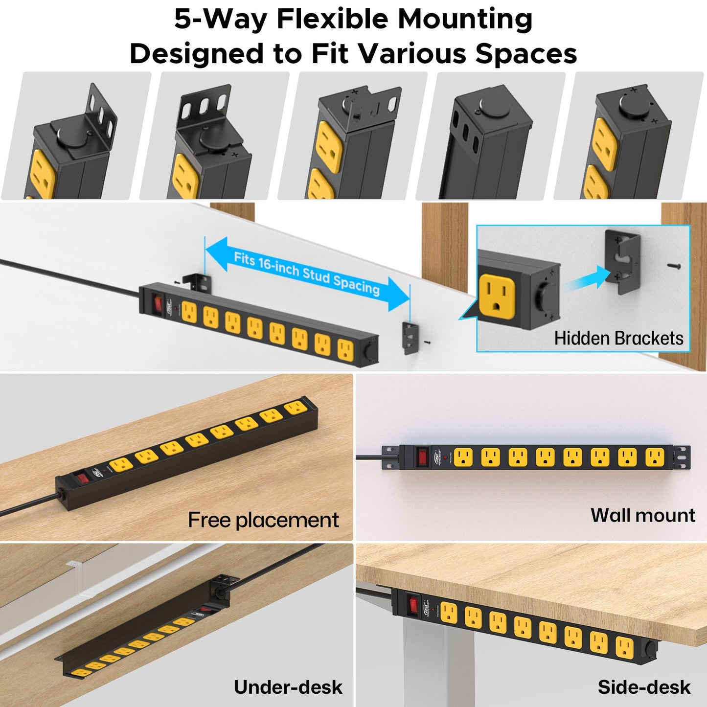 CRST 8-Outlet Mountable Metal Power Strip | 4-Way Bracket Mount, 2100J