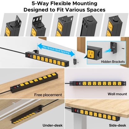 CRST 8-Outlet Mountable Metal Power Strip | 4-Way Bracket Mount, 2100J