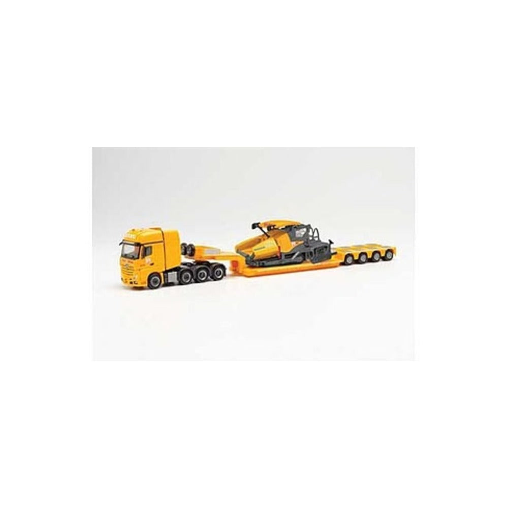 Herpa 313421 HO Scale Mercedes-Benz Actros Heavy Haul Tractor, Volgele 1900-3i Paver Tractor on Lo -- Max Bogl (yellow, red, German Lettering)