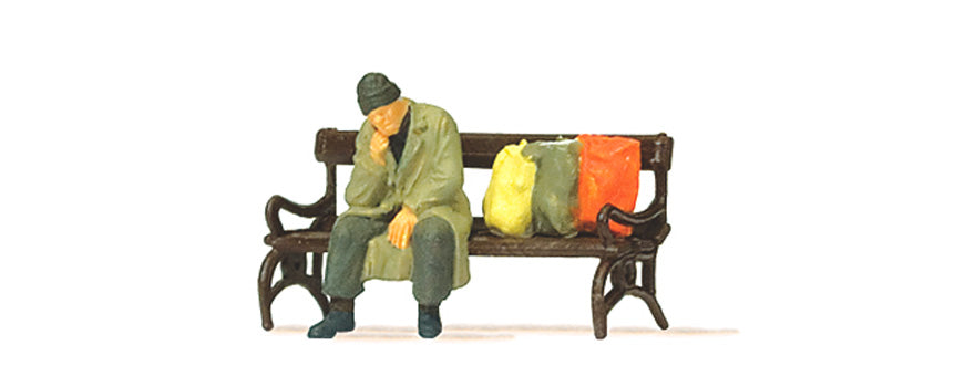 Preiser 29094 HO Scale Homeless Man on Bench Figure