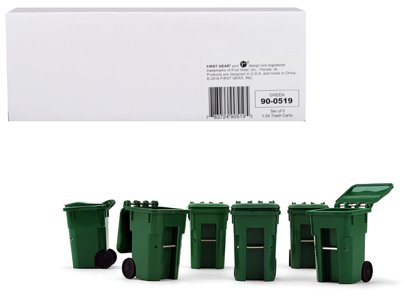 Set of 6 Green Garbage Trash Bin Containers Replica 1/34 Models by First Gear  free shipping USA