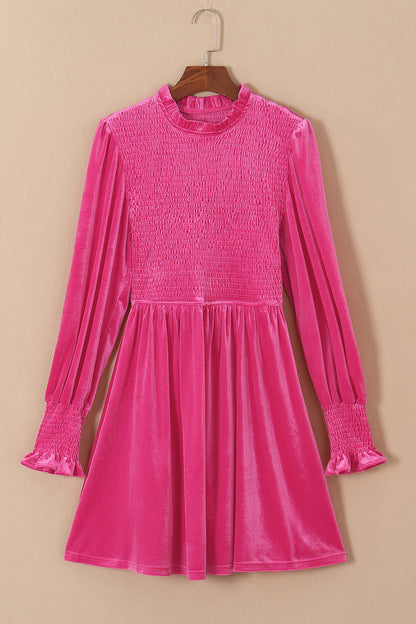 Smocked Round Neck Long Sleeve Dress