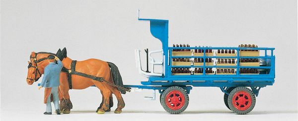 Preiser 30445 HO Scale Horse-Drawn Wagons Beer Wagon with 2-Horse Team