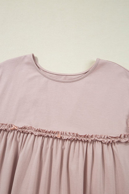 Frilled Trim Crew Neck Cap Sleeve Loose Fit Mini Dress