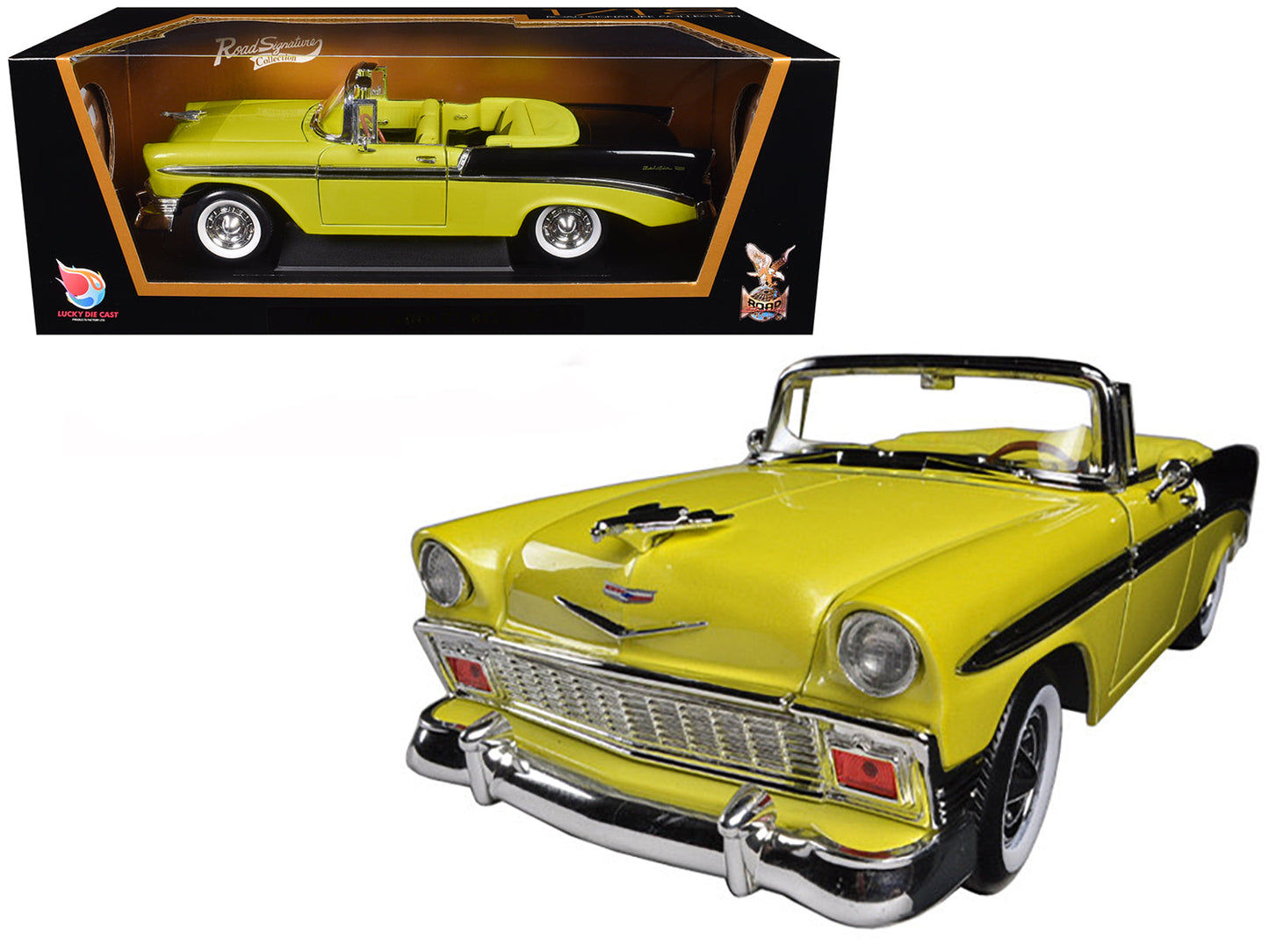 1956 Chevrolet Bel Air Convertible Yellow/Black 1/18 Diecast Car Model by Road Signature  free shipping USA