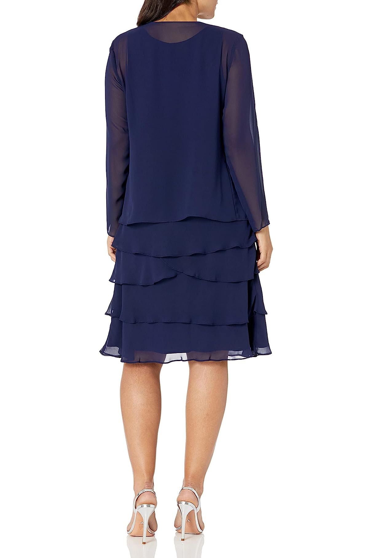 SL Fashion Embellished Scoop Neck Sleeveless Tier Chiffon Dress with Matching Embellished Lace Shoulder Jacket by Curated Brands