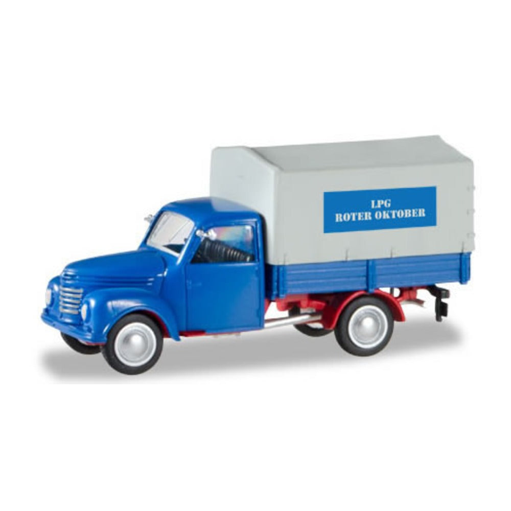 Herpa 93002 HO Scale Framo 901/2 Pickup Truck w/Canvas Cover - Assembled -- LPG Rotor (blue, red, gray, German Lettering)