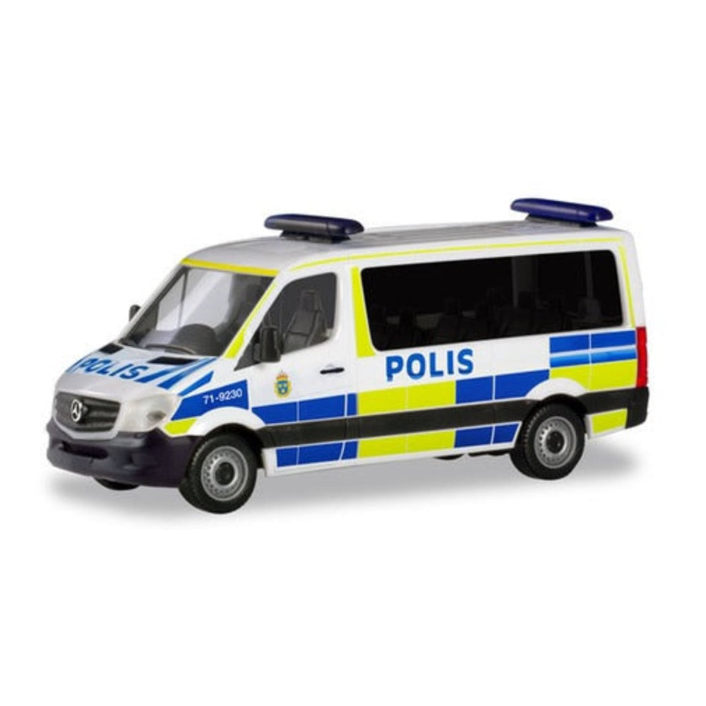 Herpa 94719 HO Scale Mercedes-Benz Sprinter Passenger Van - Assembled -- Police (white, blue, yellow, Norwegian Lettering)