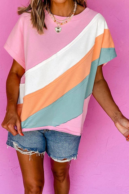 Color Block Round Neck Short Sleeve T Shirt