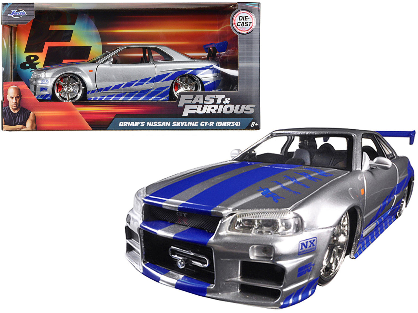 Brian's Nissan GTR Skyline R34 RHD (Right Hand Drive) Silver with Blue Stripes "Fast & Furious" Movie 1/24 Diecast Model Car by Jada  free shipping USA