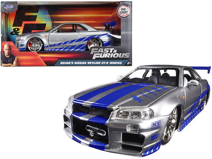 Brian's Nissan GTR Skyline R34 RHD (Right Hand Drive) Silver with Blue Stripes "Fast & Furious" Movie 1/24 Diecast Model Car by Jada  free shipping USA