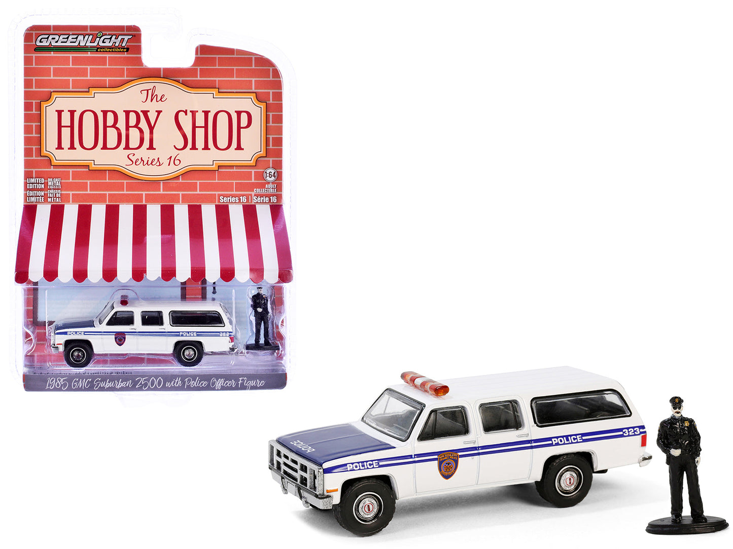 1985 GMC Suburban 2500 "New York City Transit Police Department" White with Blue Stripes and Police Officer Figure "The Hobby Shop" Series 16 1/64 Diecast Model Car by Greenlight  free shipping USA