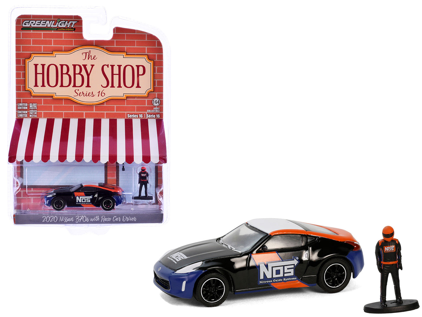 2020 Nissan 370z "NOS Nitrous Oxide Systems" Black with Graphics and Race Car Driver "The Hobby Shop" Series 16 1/64 Diecast Model Car by Greenlight  free shipping USA