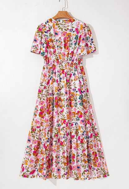 Floral Short Sleeve V Neck Dress with Pockets