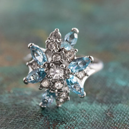 Vintage Ring Aquamarine and Clear Swarovski Crystals 18k White Gold Unique Cluster Antique Womans #R1863-AQW Size: 4 by PVD Vintage Jewelry