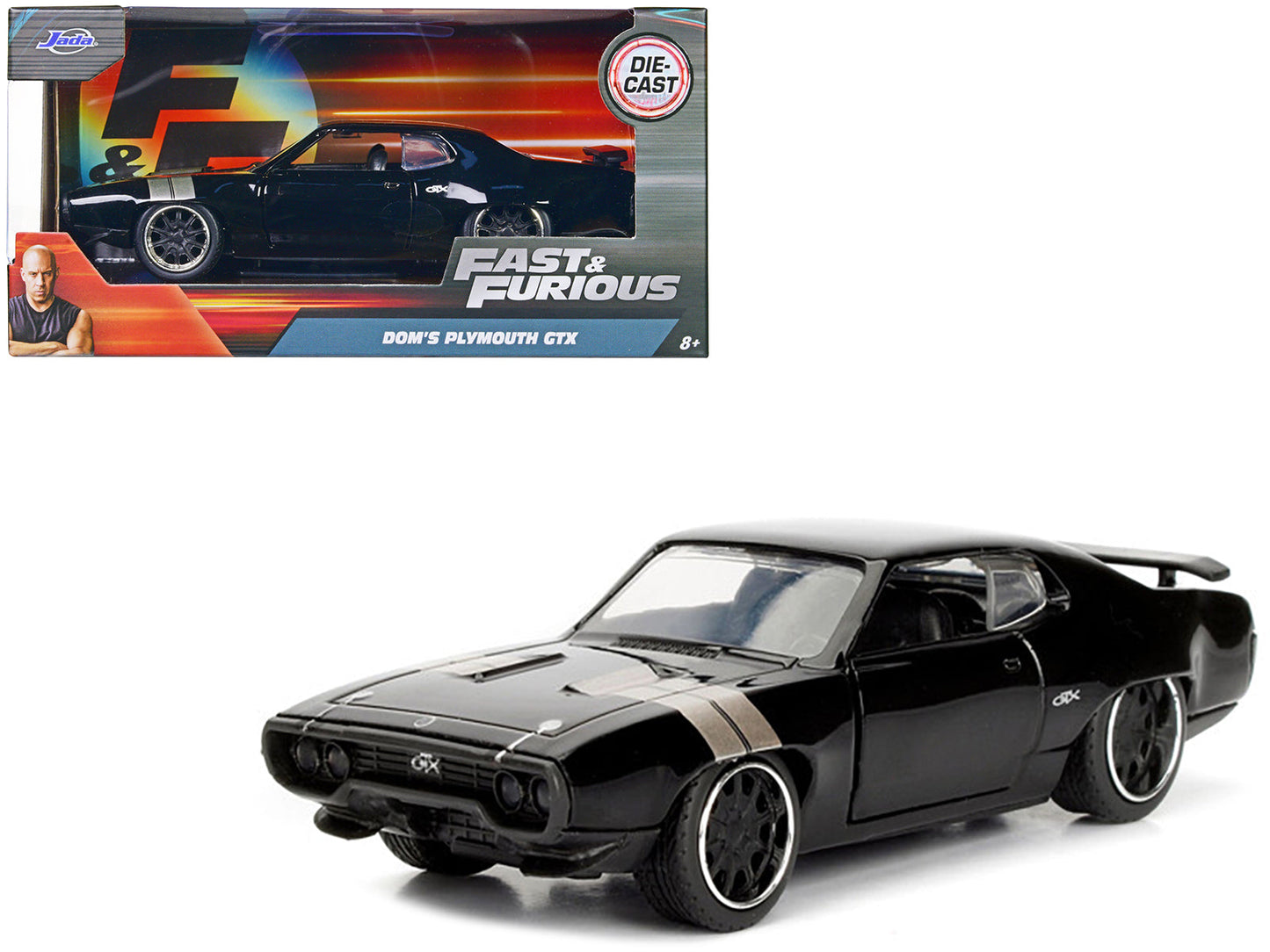 Dom's Plymouth GTX Black with Silver Stripes Fast & Furious F8 "The Fate of the Furious" Movie 1/32 Diecast Model Car by Jada  free shipping USA