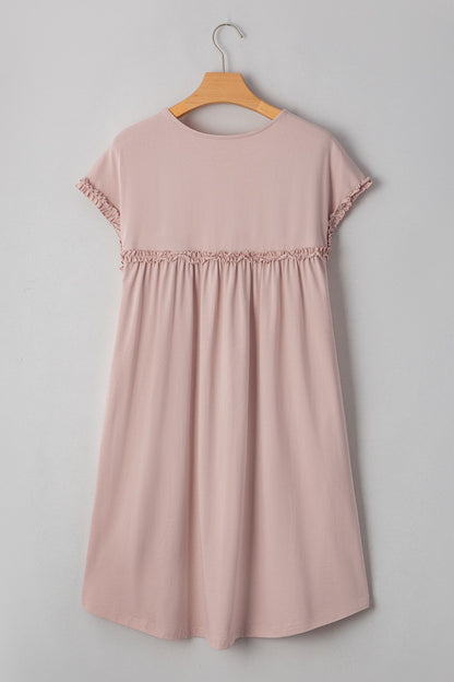 Frilled Trim Crew Neck Cap Sleeve Loose Fit Mini Dress