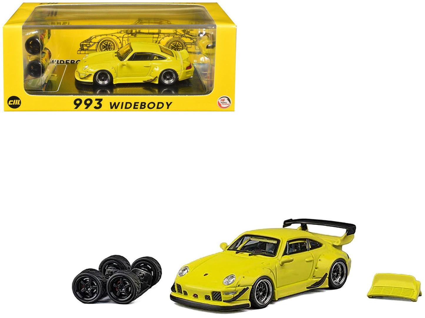 993 Widebody Yellow with Extra Wheels and Spoiler 1/64 Diecast Model Car by CM Model  free shipping USA