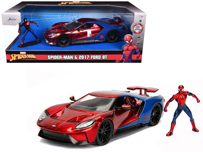 2017 Ford GT with Spider Man Diecast Figurine "Marvel" Series 1/24 Diecast Model Car by Jada  free shipping USA