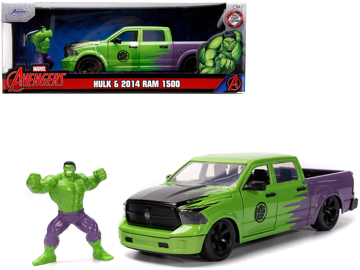 2014 RAM 1500 Pickup Truck Green and Purple and Hulk Diecast Figure "Marvel Avengers" "Hollywood Rides" Series 1/24 Diecast Model Car by Jada  free shipping USA
