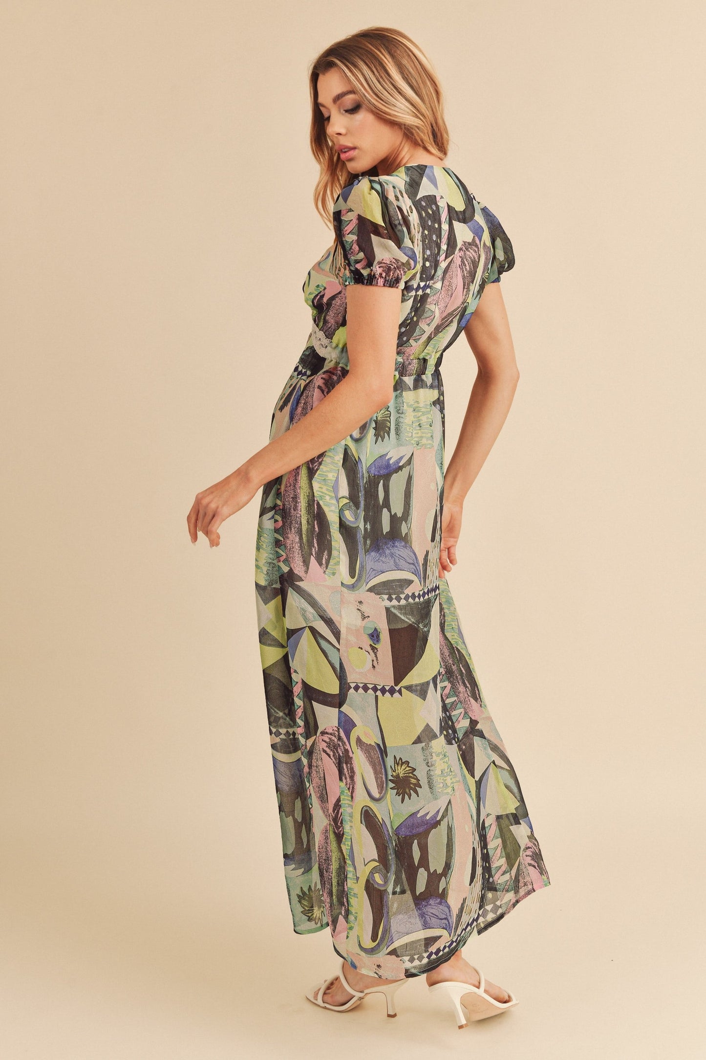 Aemi + Co Lace Detail Slit Geometric Print Short Sleeve Maxi Dress