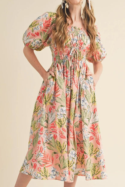 Floral Smocked Square Neck Puff Short Sleeve Midi Dress