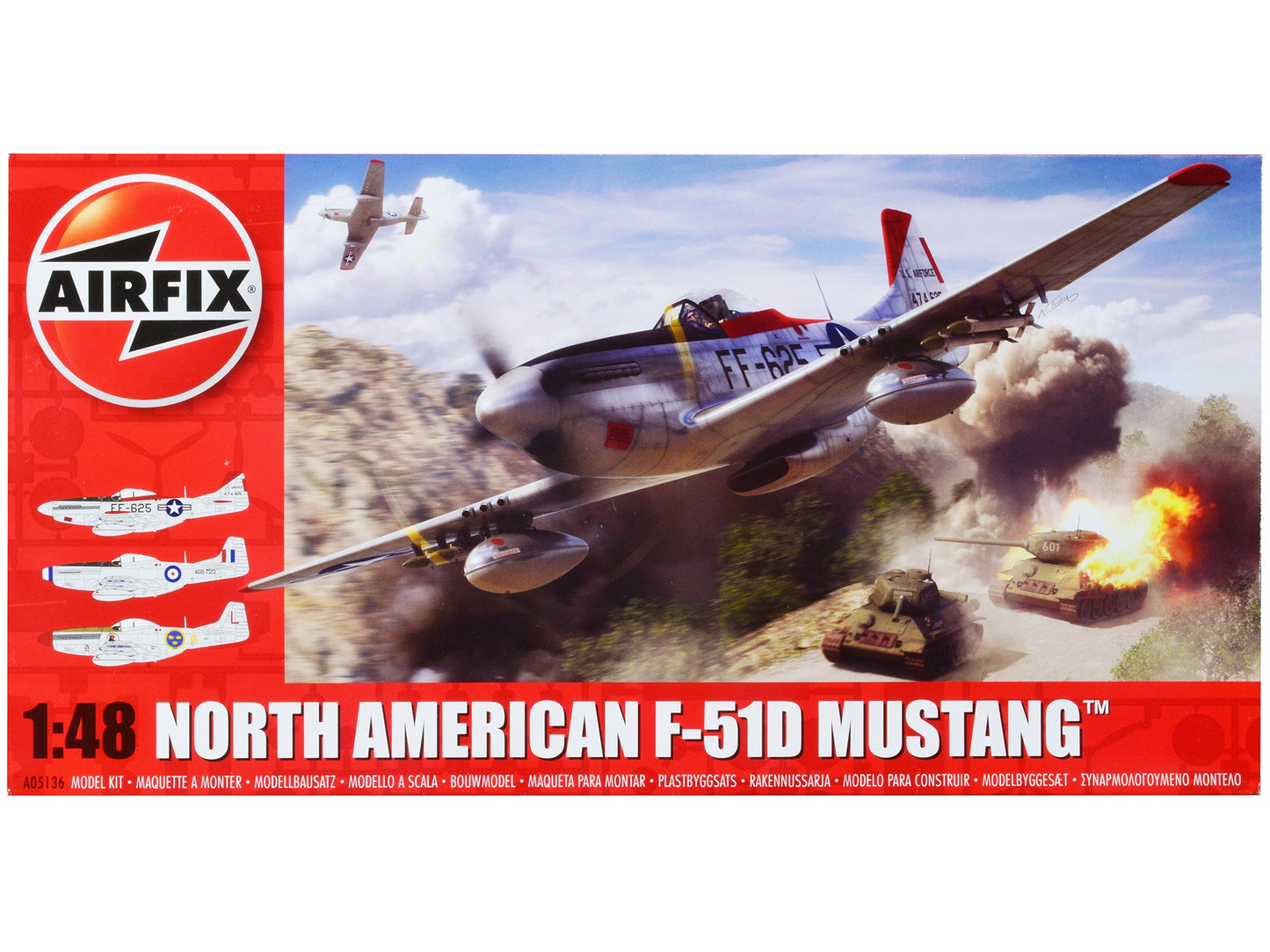 Level 2 Model Kit North American F-51D Mustang Fighter Aircraft with 3 Scheme Options 1/48 Plastic Model Kit by Airfix  free shipping USA