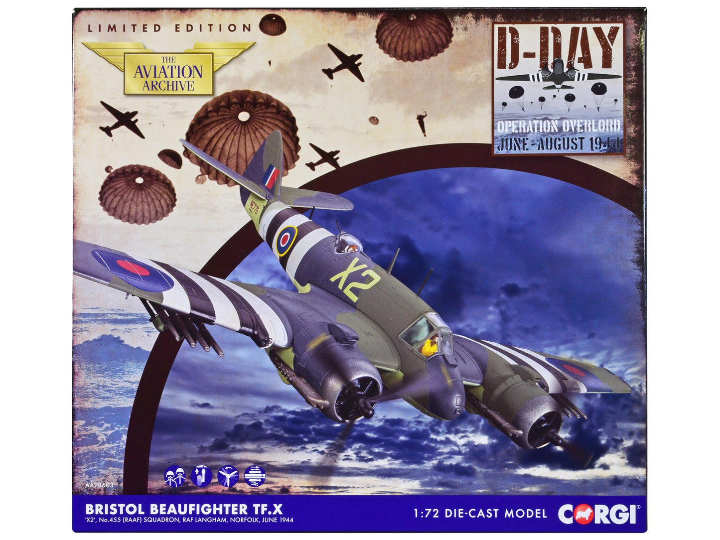 Bristol Beaufighter TF.X Fighter Aircraft "NE775/X2 455 Squadron RAF Langham Norfolk" (1944) British Royal Air Force "The Aviation Archive" Series 1/72 Diecast Model by Corgi  free shipping USA