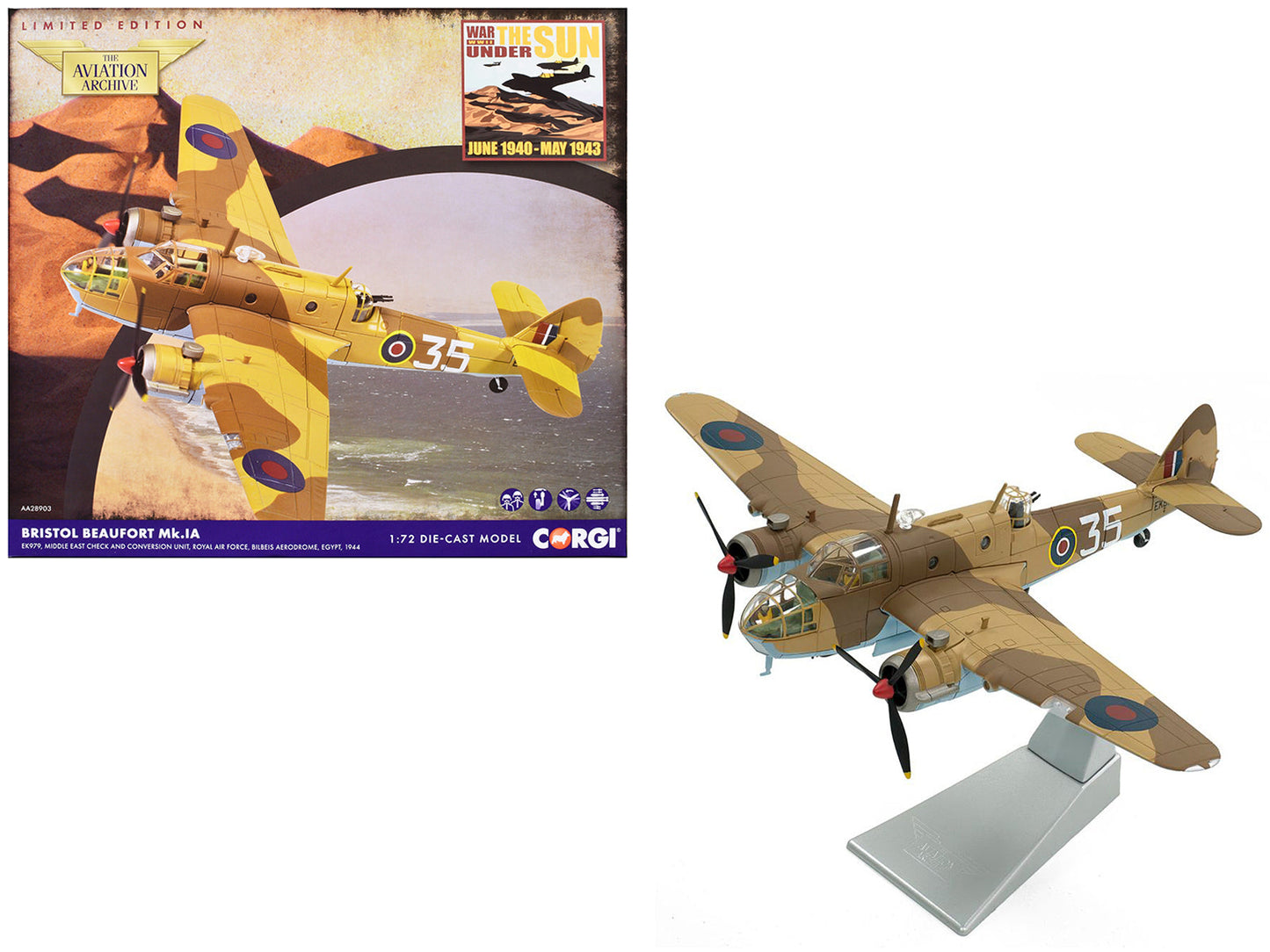 Bristol Beaufort MkIa Bomber Aircraft "EK979 Middle East Check and Conversion Unit" (1944) British Royal Air Force "The Aviation Archive" Series 1/72 Diecast Model by Corgi  free shipping USA