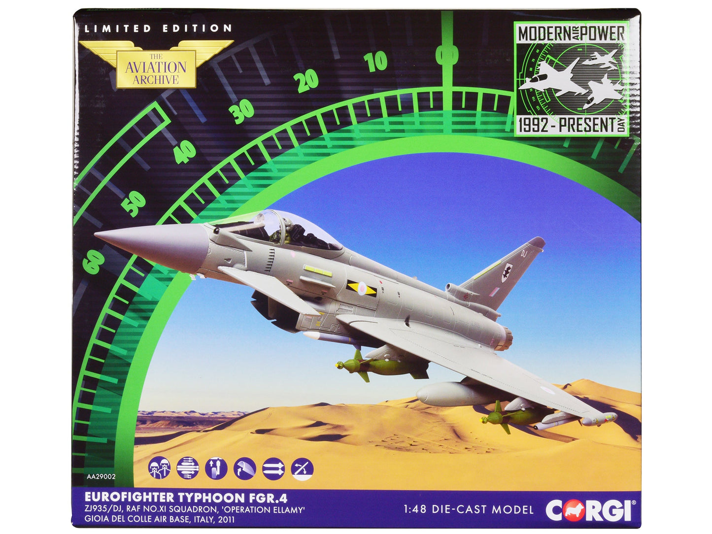 Eurofighter Typhoon FGR.4 Fighter Aircraft "RAF No.11 Squadron Operation Ellamy Gioia del Colle Air Base Italy" (2011) Royal Air Force "The Aviation Archive" Series 1/48 Diecast Model by Corgi  free shipping USA